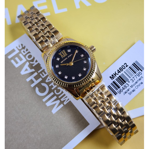 MK Women's Gold-Tone Bracelet Watch with Black Crystal Dial