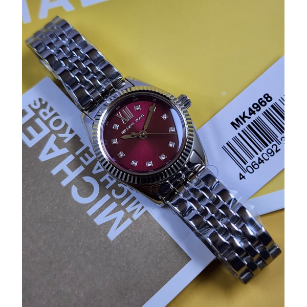 MK Women's Silver-Tone Stainless Steel Watch with Burgundy Crystal Dial