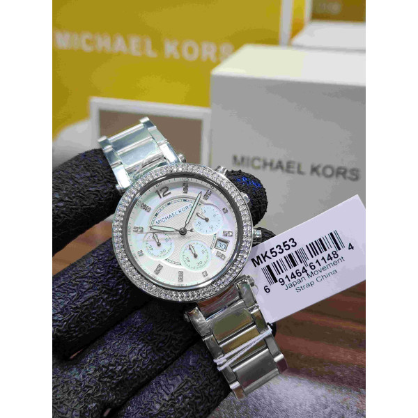 MK Chronograph Crystal Bezel Watch sophisticated silver-tone dial