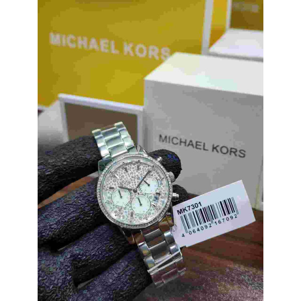 MK Silver-Tone Crystal Chronograph glamorous women's watch