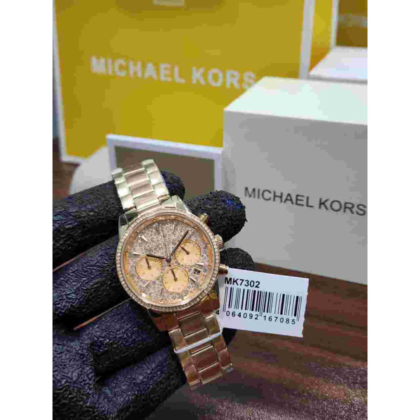 MK women's Rose Gold-Tone Crystal Chronograph Watch