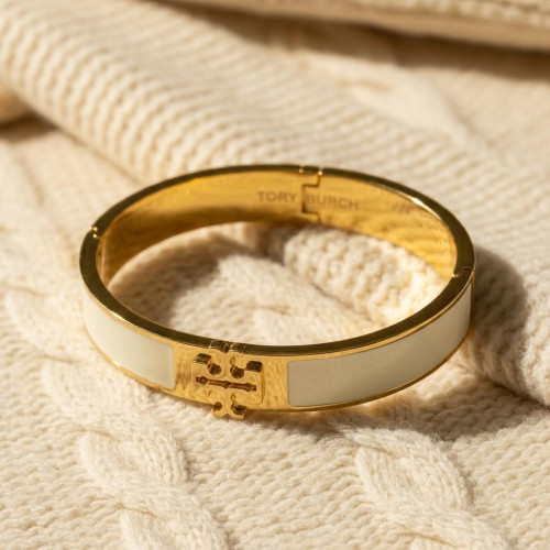 Tory Burch Reva White Enamel Logo Bangle